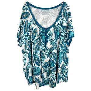 Woman‎ Within Plus Size 3X Top 30W 32W Blue Tropical Floral Print Cotton 1117